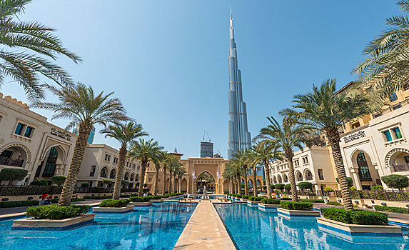 宫殿,城市,酒店,棕榈树,喷泉,背影,哈利法,迪拜,酋长国,阿联酋,亚洲