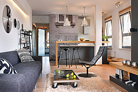 休闲沙发,区域,现代,灰色,沙发,矮桌,地毯,正面,厨房,室内