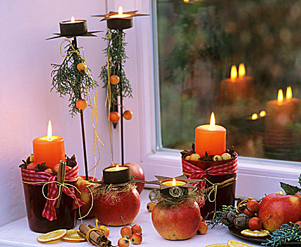 冬季装饰,苹果,肉桂棒,蜡烛