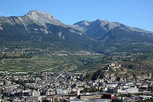 远眺,城镇,锡安,罗纳河谷,瓦莱,瑞士