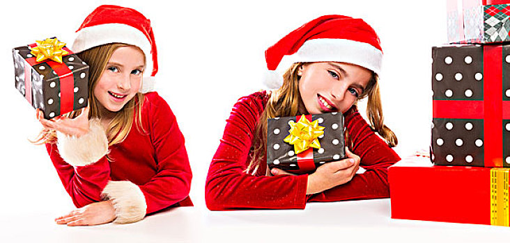 圣诞节,圣诞老人,儿童,姐妹,女孩,高兴,兴奋,丝带,礼物,隔绝