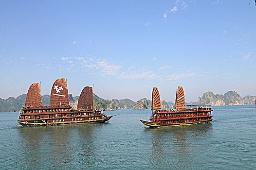 两个,帆船,下龙湾,越南,东南亚