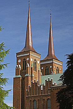丹麦,罗斯基勒,砖砌建筑,大教堂,一对,尖顶