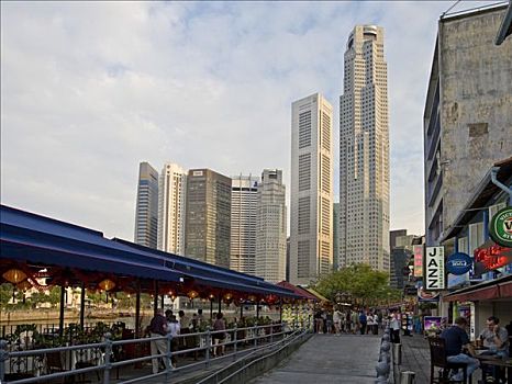 许多,餐馆,克拉码头,岸边,新加坡河,正面,高层建筑,金融区,东南亚
