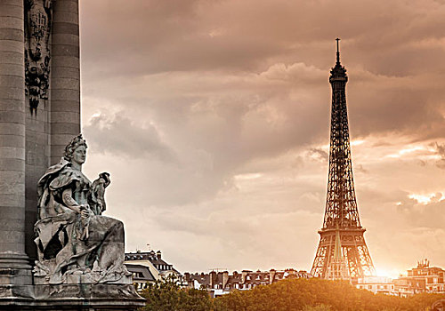 雕塑,亚历山大三世,桥,埃菲尔铁塔,巴黎,法国