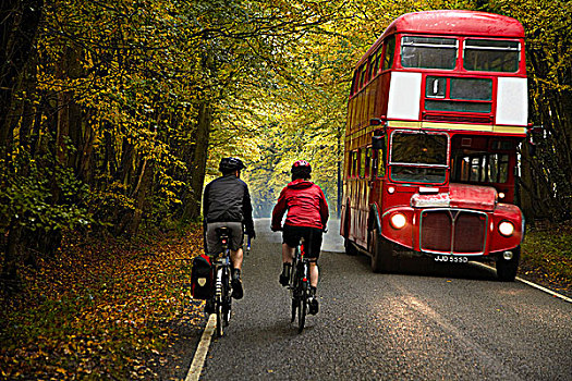 伴侣,骑自行车,靠近,巴士,乡野
