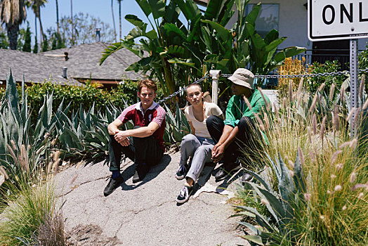 三个,年轻人,朋友,坐,交谈,公园,洛杉矶,加利福尼亚,美国