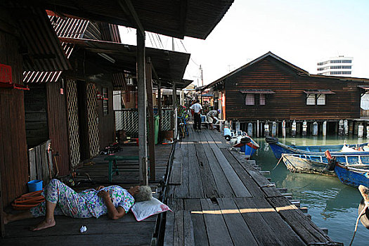 马来西亚,槟城,港口的水上村庄,这里住的都是中国人