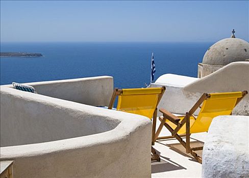 折叠躺椅,太阳,平台,圣特林,锡拉岛,基克拉迪群岛,希腊,欧洲