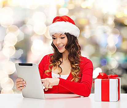 圣诞节,休假,科技,人,概念,微笑,女人,圣诞老人,帽子,礼盒,平板电脑,电脑,上方,背景