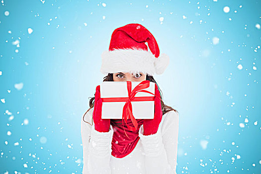 黑发,红色,手套,圣诞帽,展示,礼物
