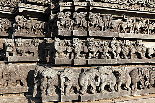 排,马,狮子,墙壁,庙宇,曷萨拉,风格,印度南部,印度,亚洲