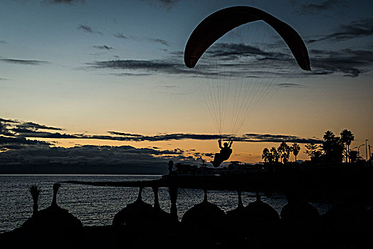 滑翔伞,黃昏,降落,海滩,西海岸,特内里费岛,火山,岛屿,航拍,加纳利群岛,西班牙