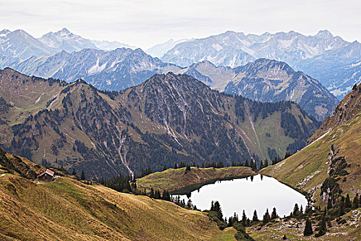 俯拍,高山湖,阿尔卑斯小屋,几个,山脉,背景,奥伯斯多夫,德国