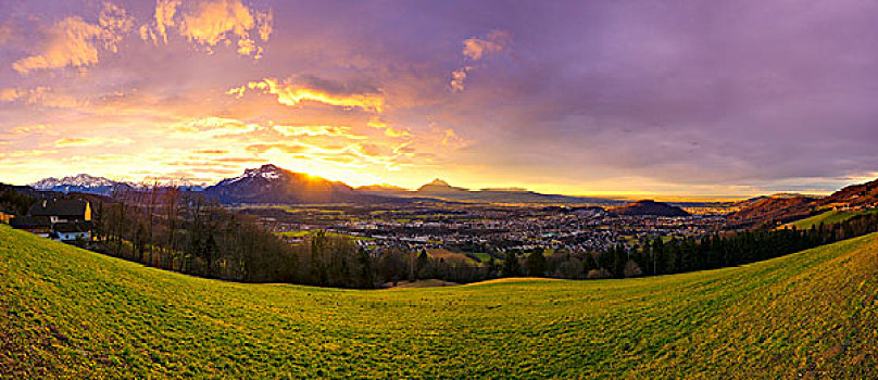 风景,日落,城镇,萨尔茨堡,奥地利