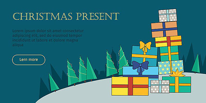 大,堆,彩色,包装,礼盒,旗帜,圣诞礼物,雪景,背景,圣诞礼盒,雪,树林,礼物,象征,标识,假日,概念,矢量,插画