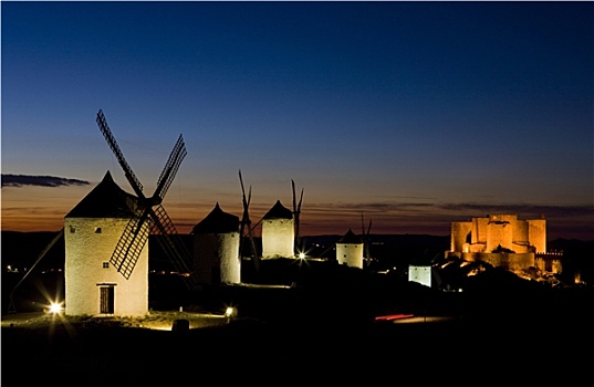 风车,城堡,夜晚,康斯艾格拉,西班牙