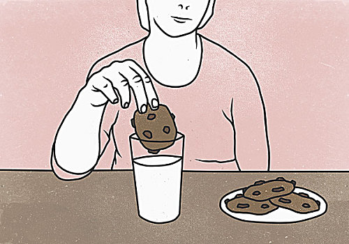 腹部,女人,浸泡,饼干,牛奶,桌子,彩色背景