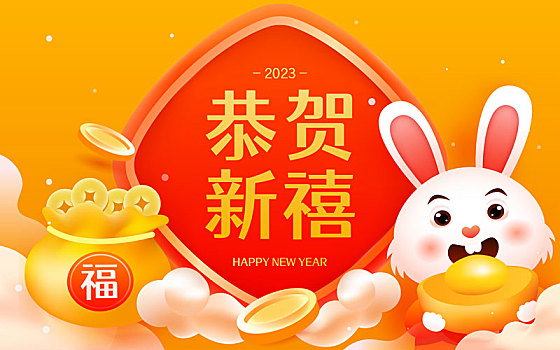 2023兔年新年元旦年俗新春送福春节插画