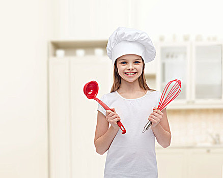 烹调,人,概念,微笑,小女孩,厨师帽,长柄勺,搅拌器