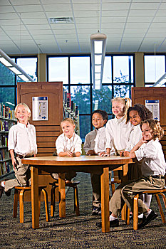 小学,孩子,桌子,图书馆