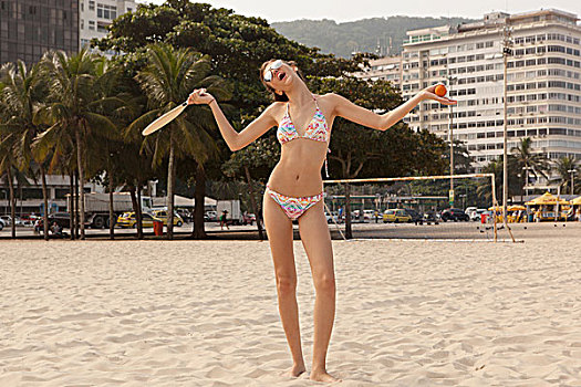 女人,站立,有趣,手势,海滩,里约热内卢,巴西