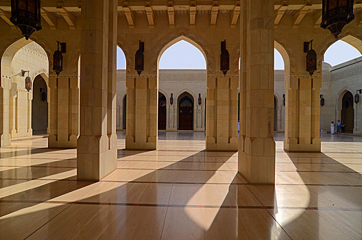 柱子,拱,拱道,室内,苏丹,卡布斯,大清真寺,马斯喀特,阿曼,亚洲