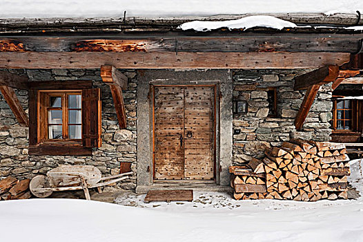 冬天,气氛,乡村,石屋,木柴,一堆,建筑