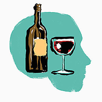 插画,红酒瓶,玻璃杯,头部,白色背景