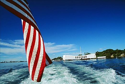 夏威夷,瓦胡岛,珍珠港,全景,亚利桑那,纪念,美国国旗,摆动,正面,转移,船