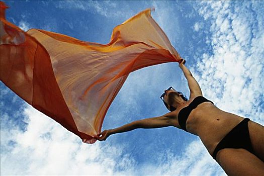 女人,拿着,橘色,布,热带,微风,岛屿,巴巴多斯,加勒比海