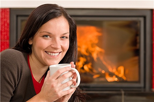 冬天,家,壁炉,女人,喝,热,咖啡