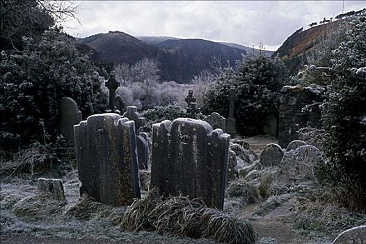 墓碑,墓地,格兰达洛,国家公园,威克洛郡,爱尔兰