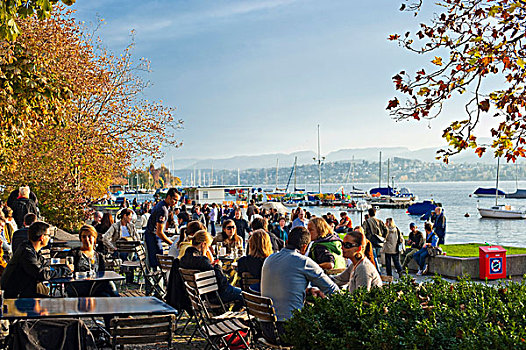 苏黎世湖,街边咖啡厅,苏黎世,瑞士,欧洲