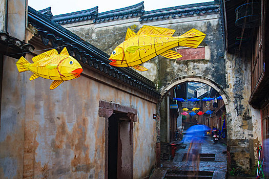 鱼灯,古建筑,房子,街道,悬挂,彩色,五彩,渔文化