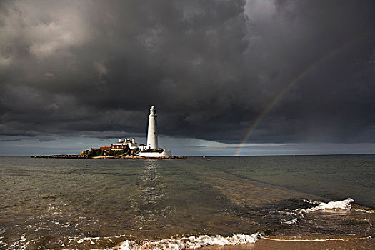 白色,灯塔,光亮,阳光,暗色,雷雨天气,彩虹,岛屿,诺森伯兰郡,英格兰