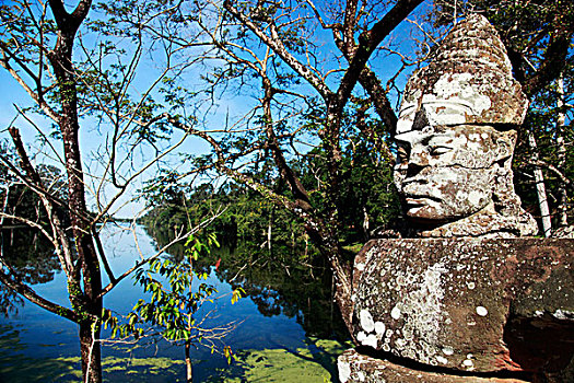 石刻,神,靠近,湖,吴哥窟,柬埔寨