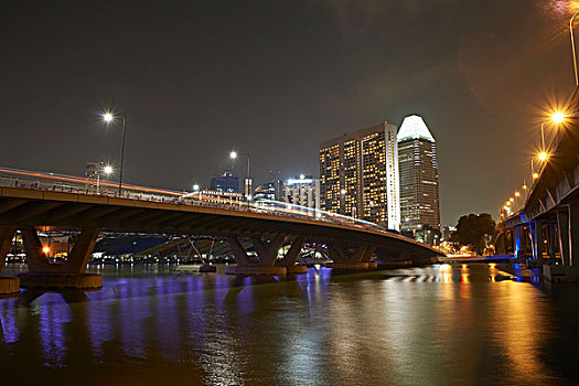 风景,桥,摩天大楼,夜晚,新加坡
