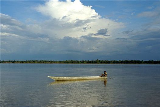 孤单,船,湄公河,靠近,柬埔寨