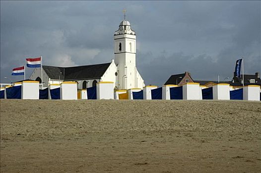 教堂,沙滩椅,海滩,荷兰南部,荷兰