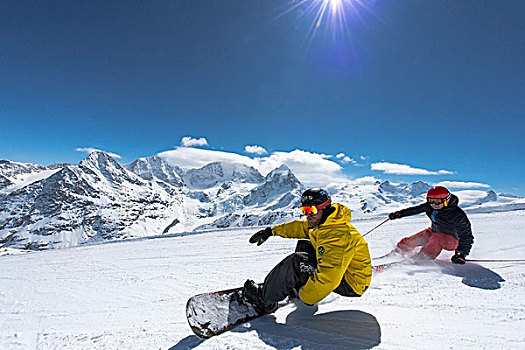 滑雪,滑雪板玩家,山丘,后面,瑞士,欧洲