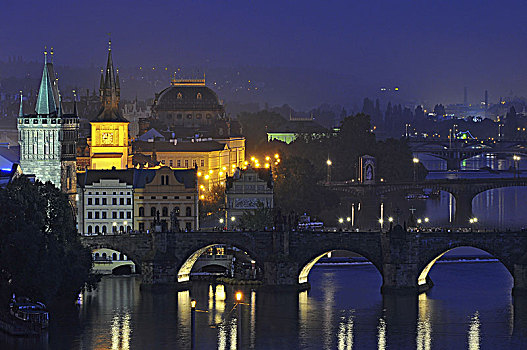 布拉格,黎明,风景,桥,伏尔塔瓦河