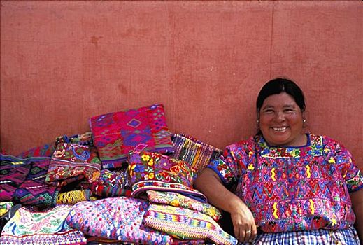 危地马拉,安提瓜岛,微笑,女人,销售,刺绣,商品,无肖像权