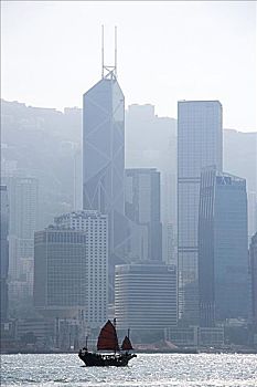 帆船,靠近,香港,摩天大楼