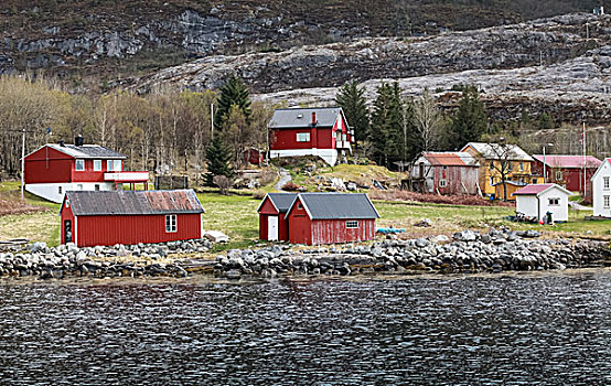 传统,挪威,小,乡村,红色,木屋,岩石海岸,春天