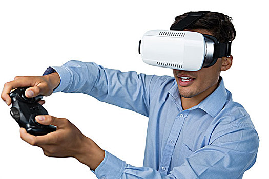 创意,商务人士,穿,虚拟现实,玻璃,电子游戏,白色背景