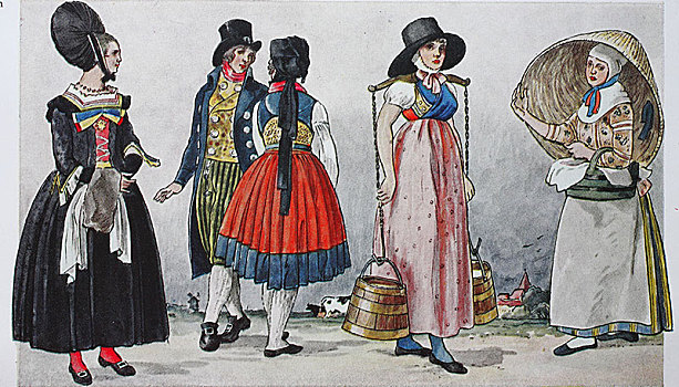 人,传统服装,时尚,衣服,德国,服饰,黑白花牛,19世纪,插画,欧洲
