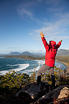 一个,男人,穿,红色,外套,湾,靠近,抬臂,不列颠哥伦比亚省,加拿大