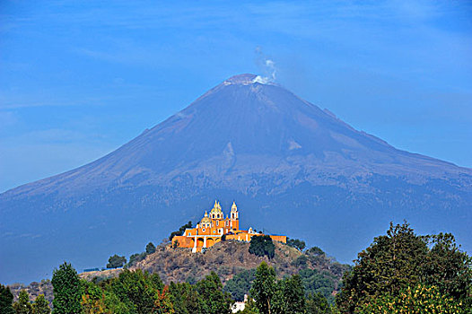 教堂,遗址,金字塔,正面,活火山,佩特罗,柏布拉,墨西哥,拉丁美洲,北美