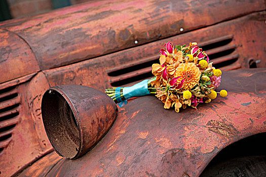 新娘手花,生锈,汽车